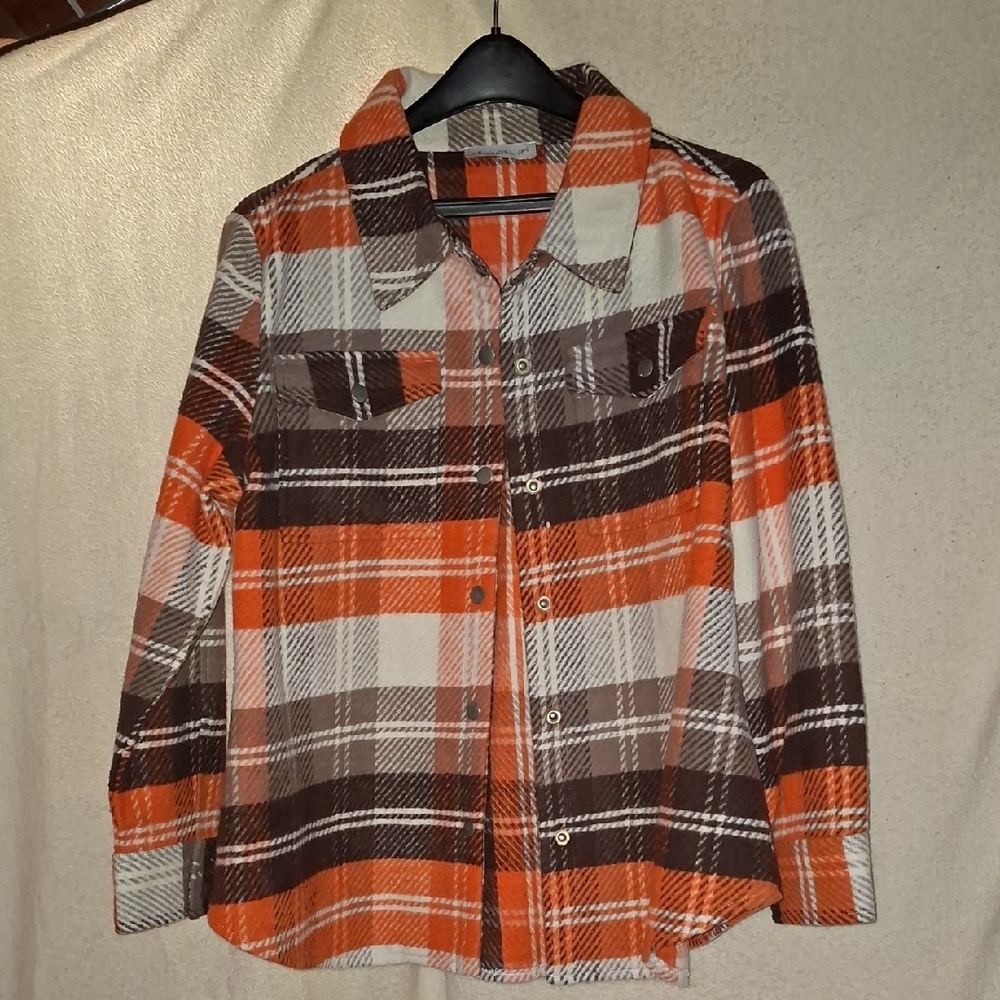 KEREN HART Womens Orange and Brown Plaid Button Down Shirt